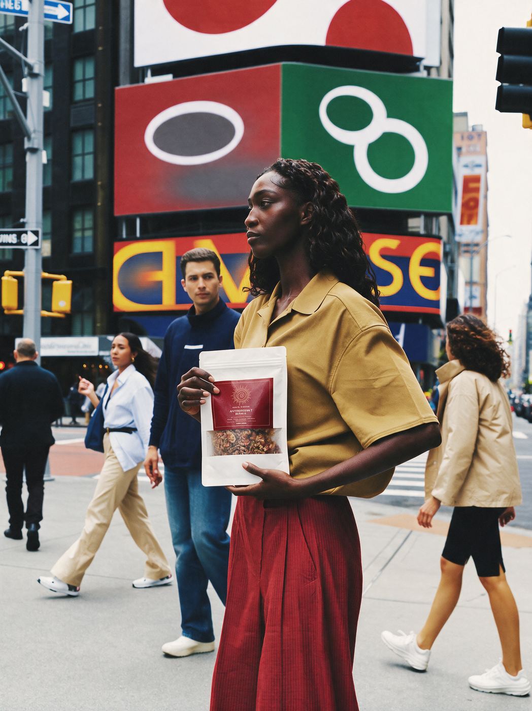 AI-generated lifestyle photo of a woman crossing a NYC street holding a Vital Energy Antioxidant Berries pouch