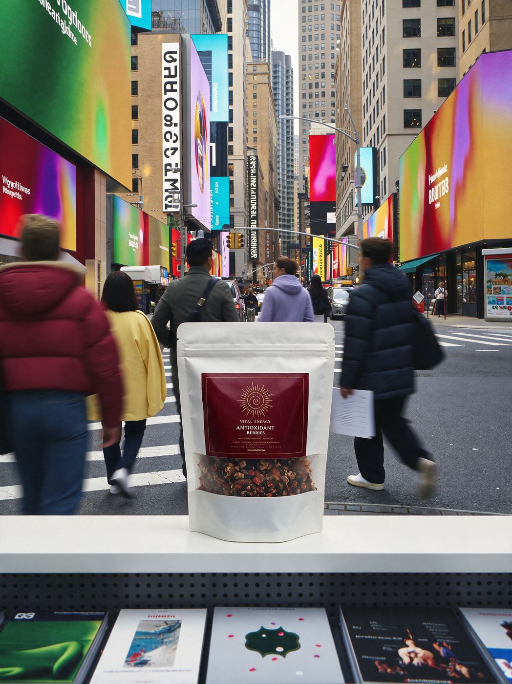 AI-generated product shot of a Vital Energy Antioxidant Berries pouch on a shelf with a blurred NYC street behind it