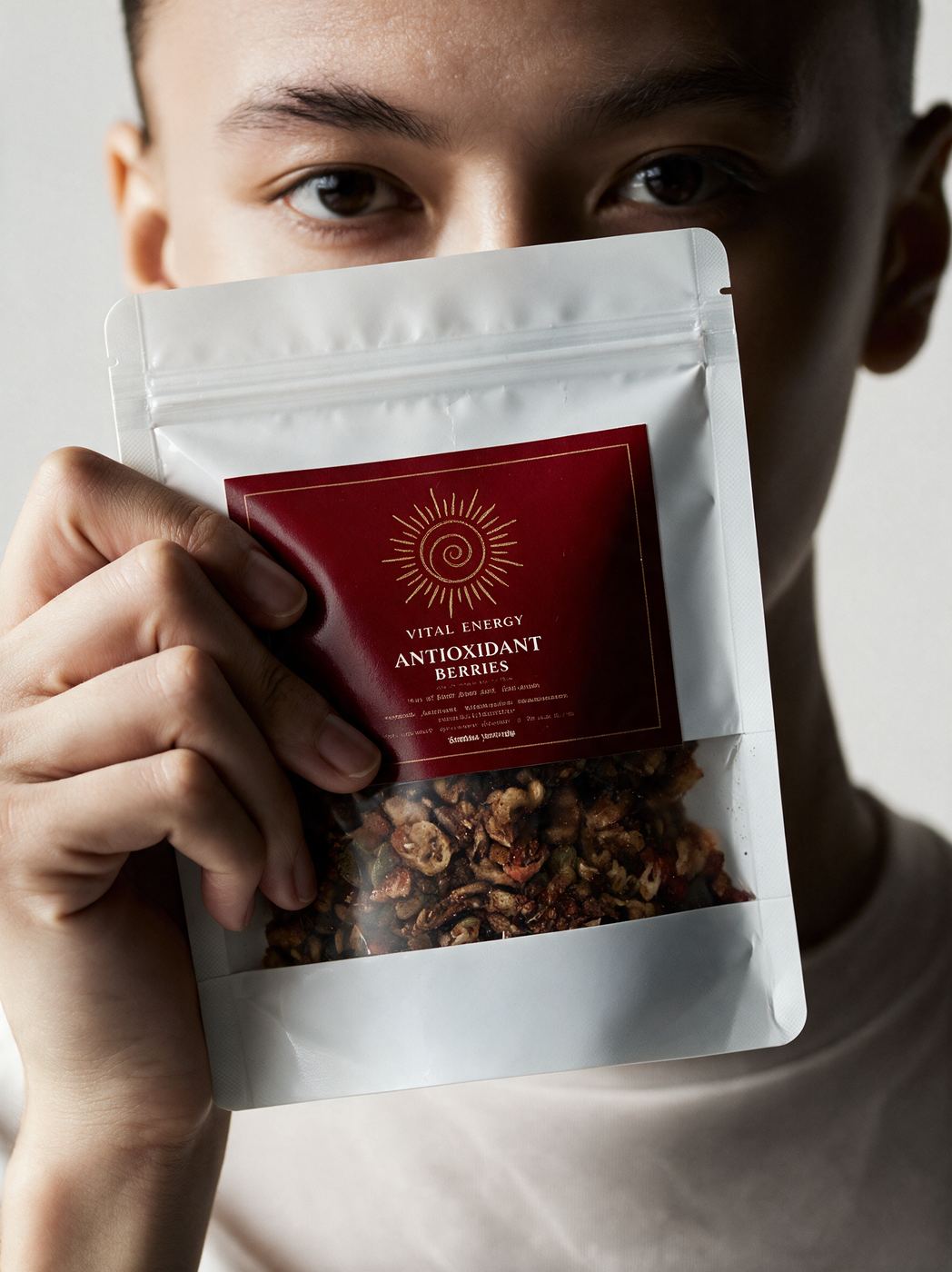 AI-generated studio close-up of a model holding a Vital Energy Antioxidant Berries pouch