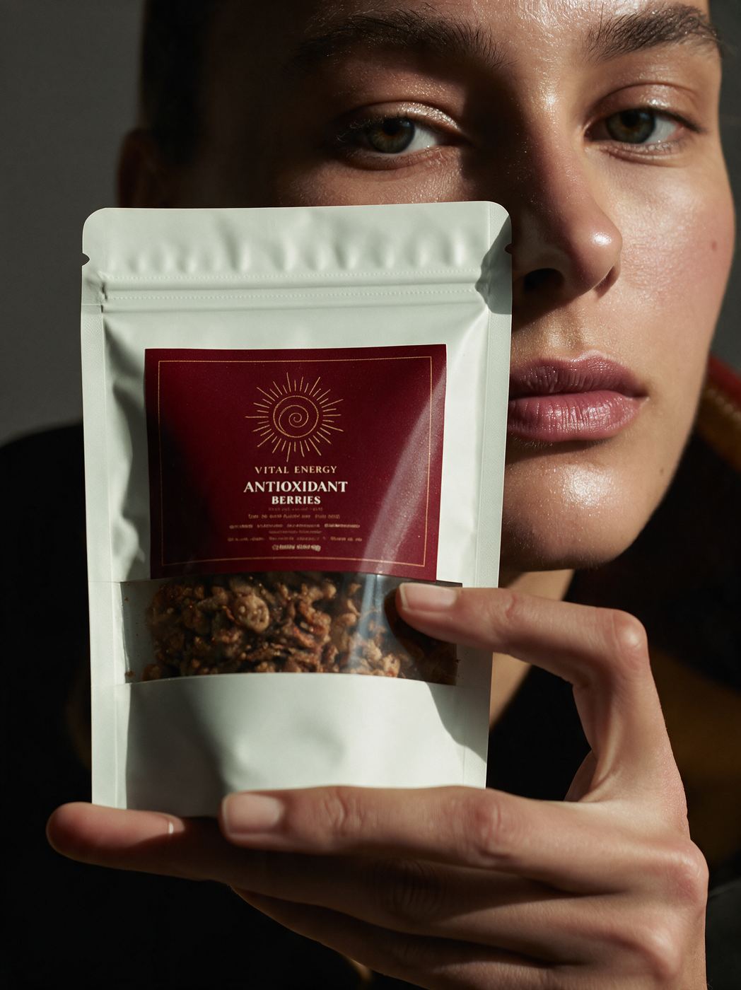 AI-generated studio close-up portrait with a Vital Energy Antioxidant Berries pouch