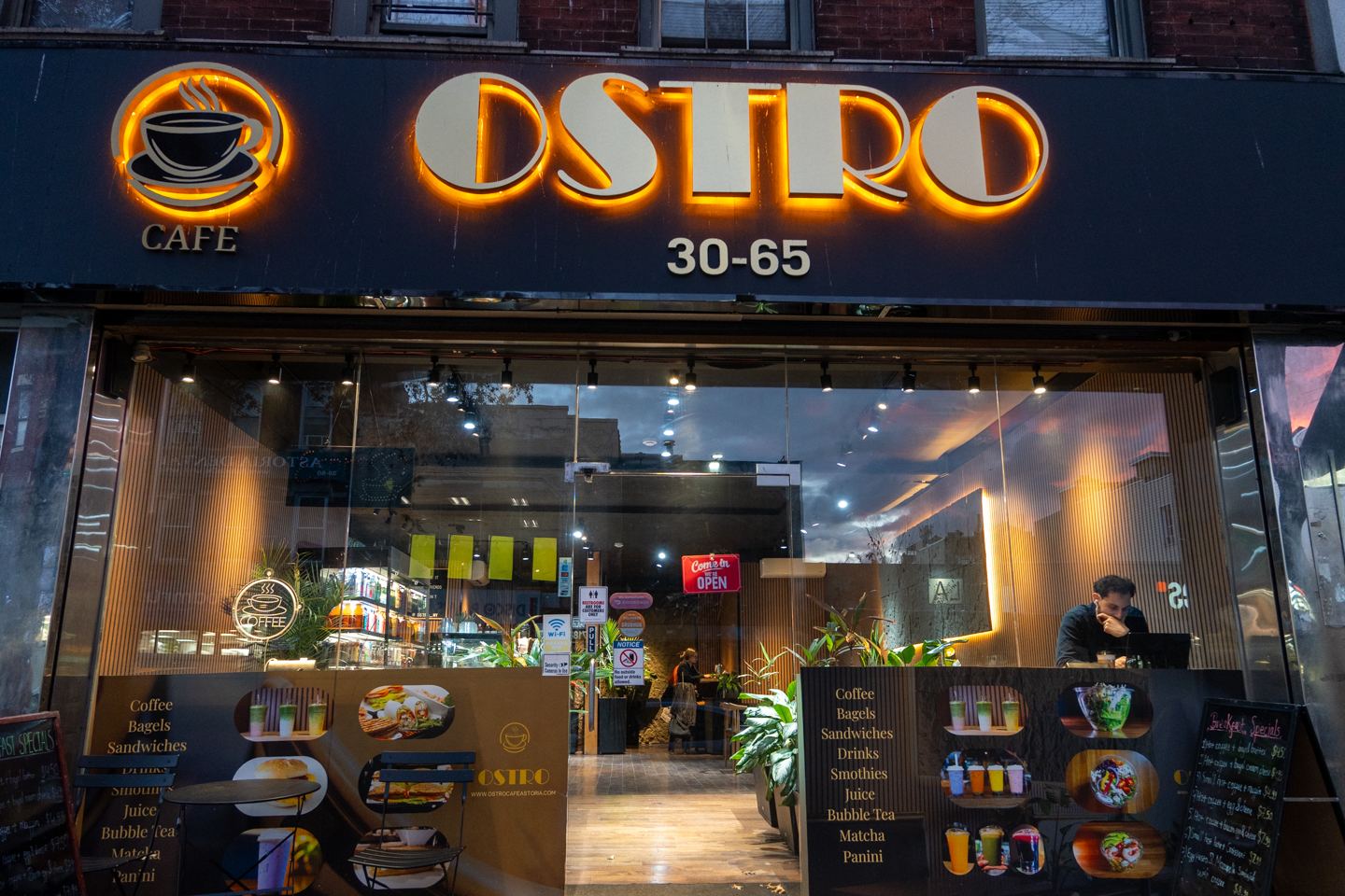 Illuminated storefront sign for a café in NYC, shot for a Getalife Studios client