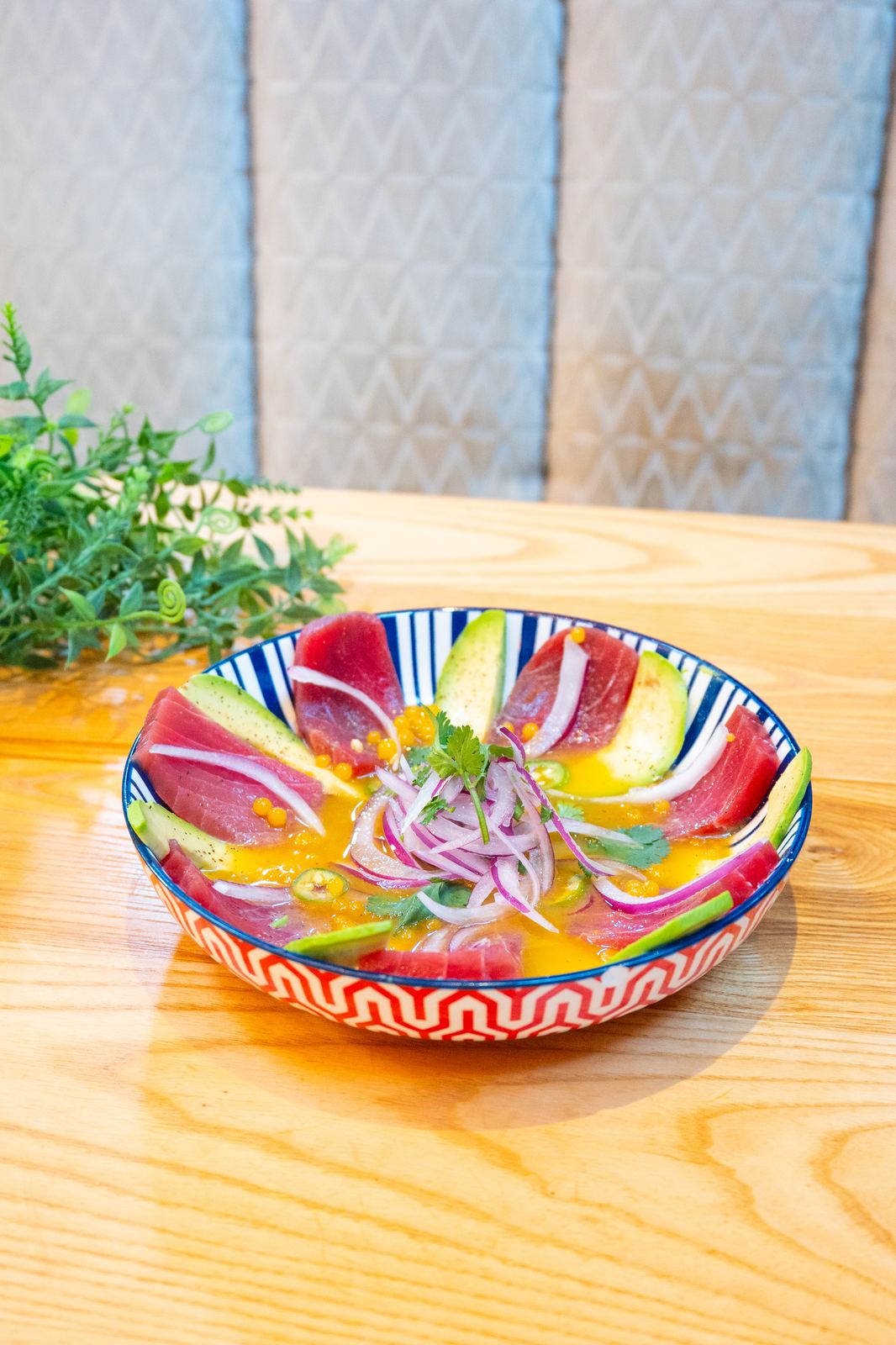 Overhead shot of tuna tiradito bowl at a NYC restaurant